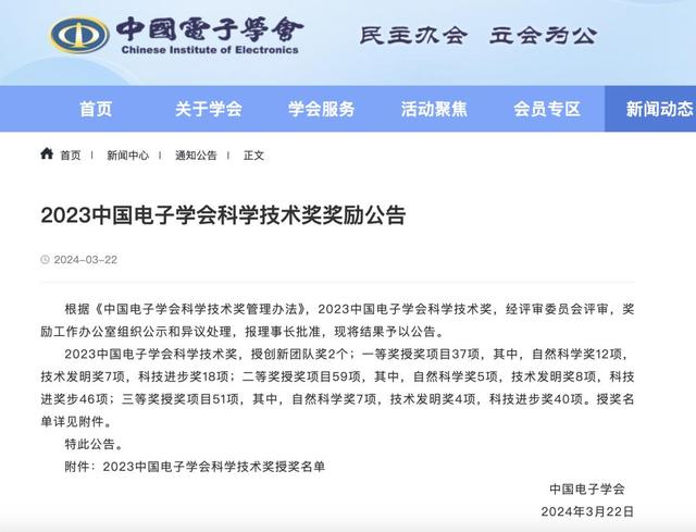 榮譽 - 中國電子4大項目獲2023年度中國電子學會科學技術獎（中國電子學會科技獎2020）